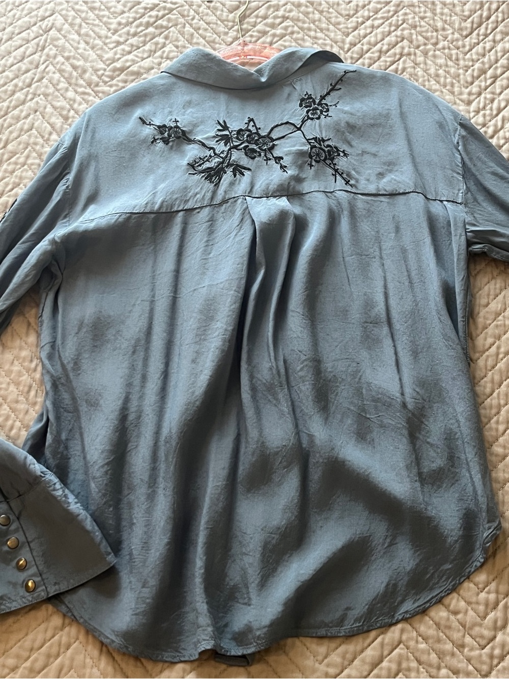 Free People Light Blue Snap Shirt with Black Floral Embroidery - Picture 10 of 10